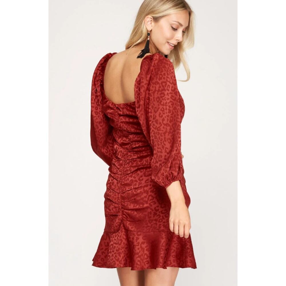 Burgundy Leopard Ruched Ruffle Mini Dress - Picture 2 of 3